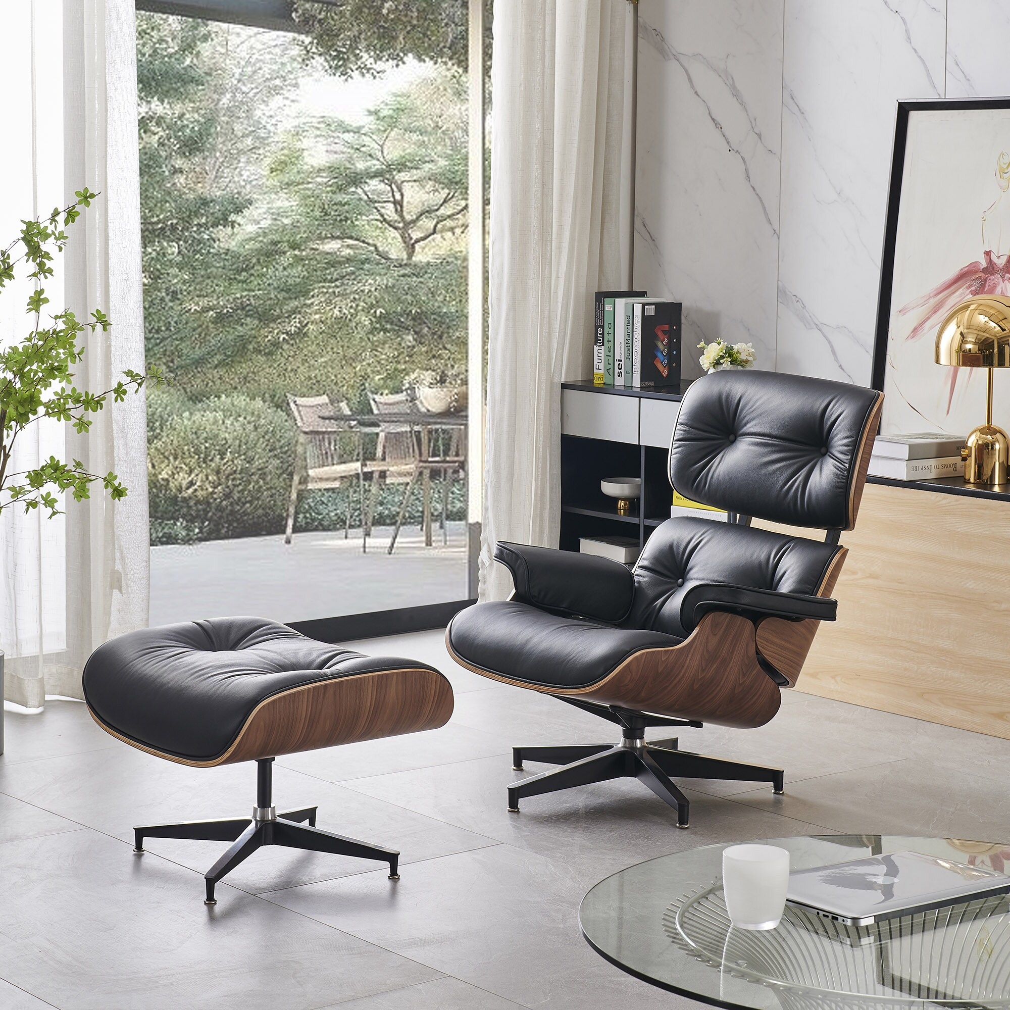 Modern Mid Century Lounge Chair and Ottoman with Real Leather On