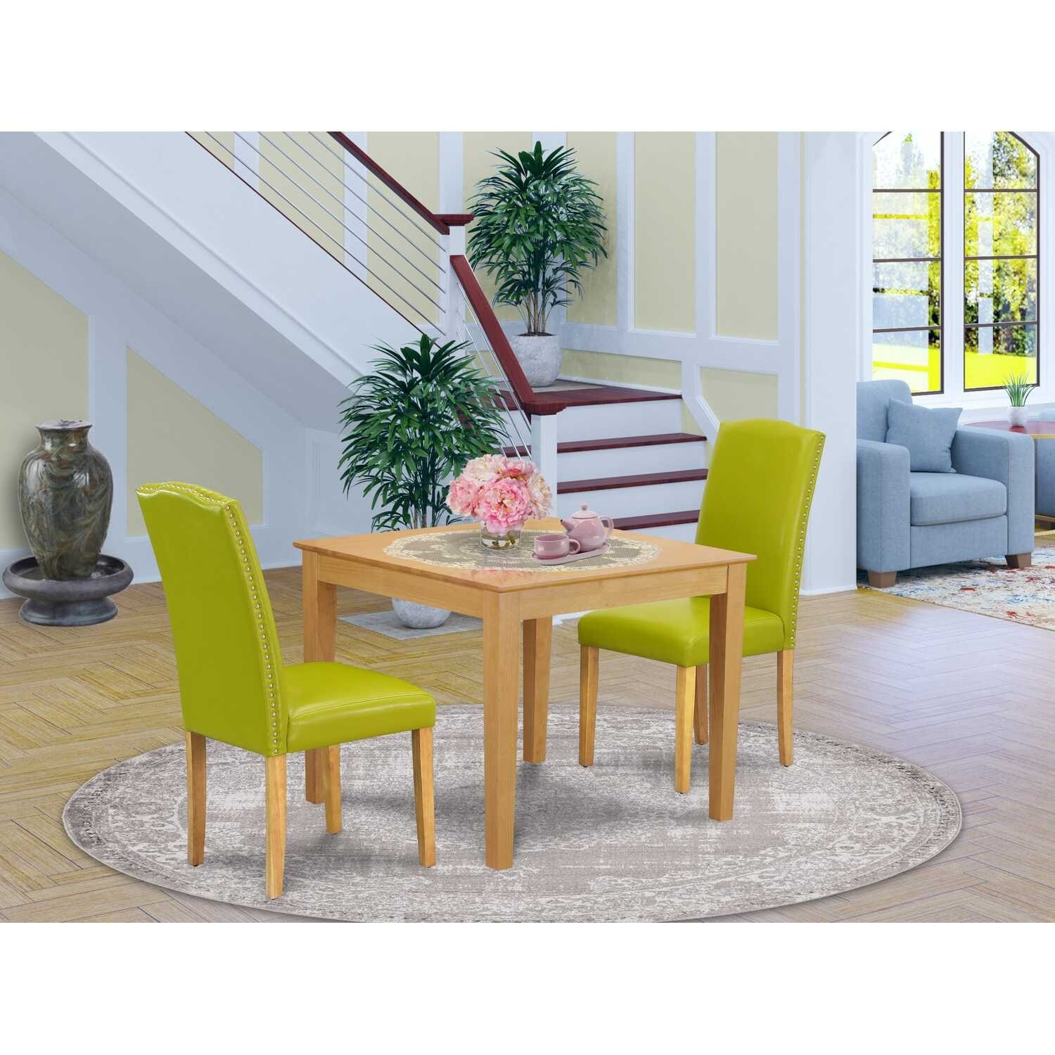 Square Dining Set 3Pc Table & Chairs - Green PU Leather - Oak Legs - 36 Inch - Home Kitchen Furniture