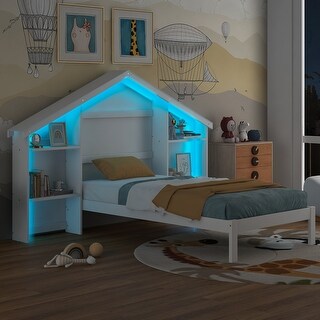 Twin Platform Bed with House-Shaped Storage Headboard&Built-in LED, Wood Bed Frame for Boys Girls, No Box Spring Required, White