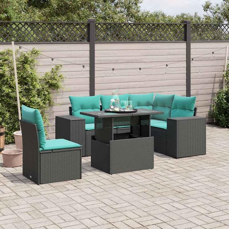 vidaXL Patio Sofa Set with Cushions Table and Couches 6 Piece Poly Rattan - 24.4" x 24.4" x 27.2" - Black