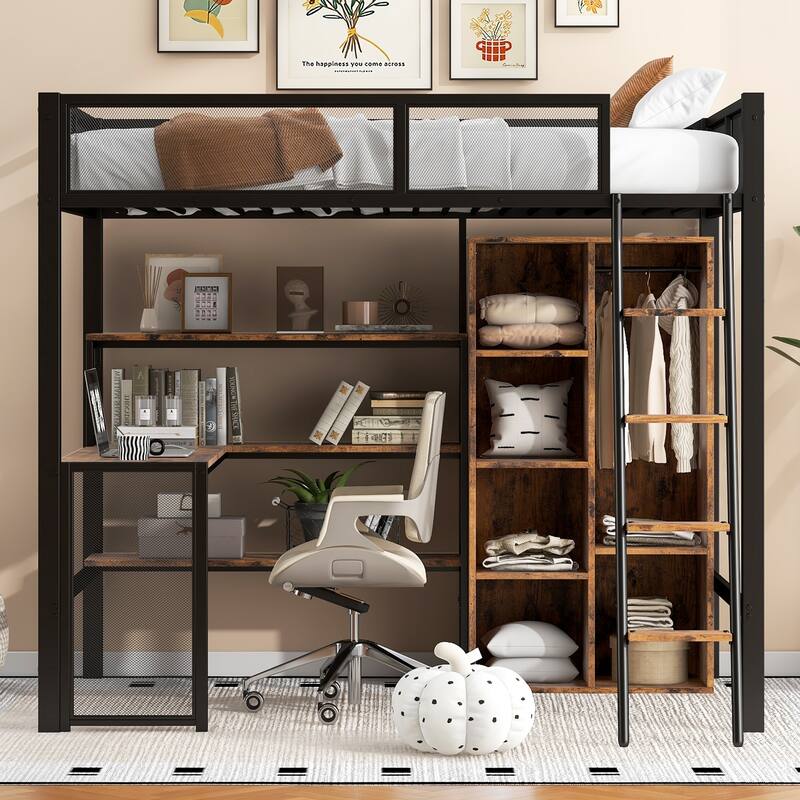 Full Size Metal Loft Bed With Built-In Desk, Wardrobeand Shelves