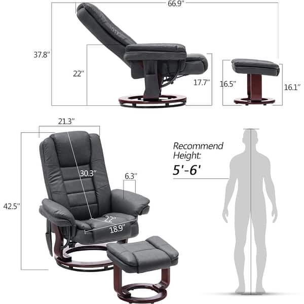 dimension image slide 0 of 6, MCombo Set of 2 Swivel Recliner with Ottoman, Vibration Massage Lumbar Pillow