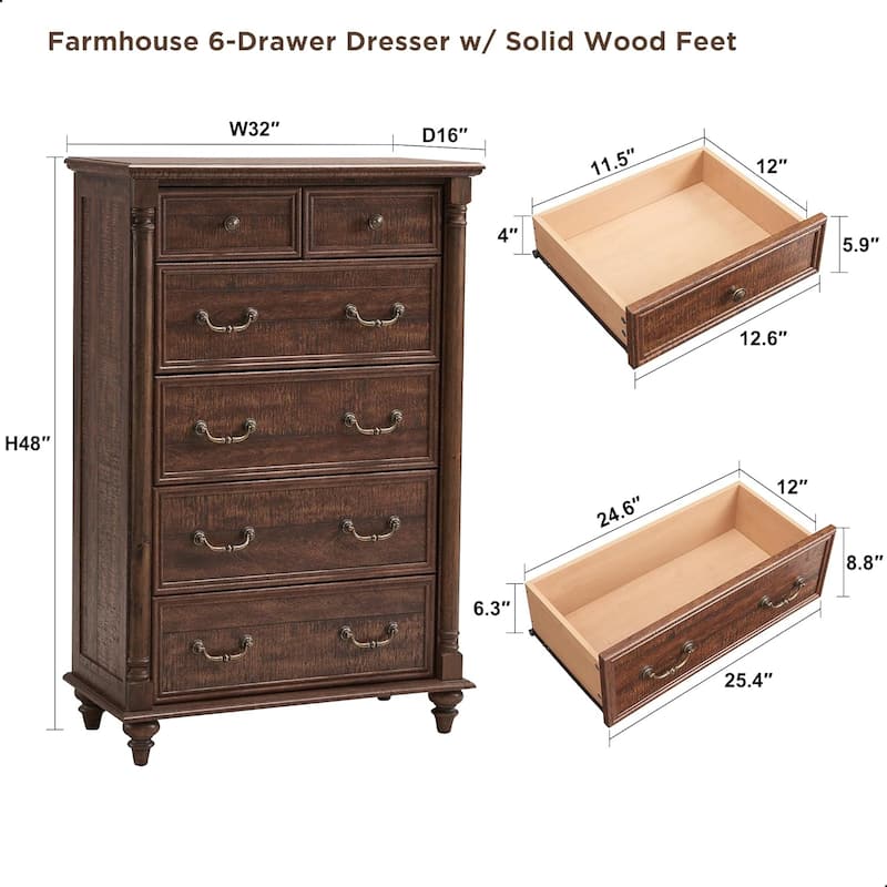 Farmhouse 6 Drawers Dresser Chests, Rustic Wood Chest of Drawers