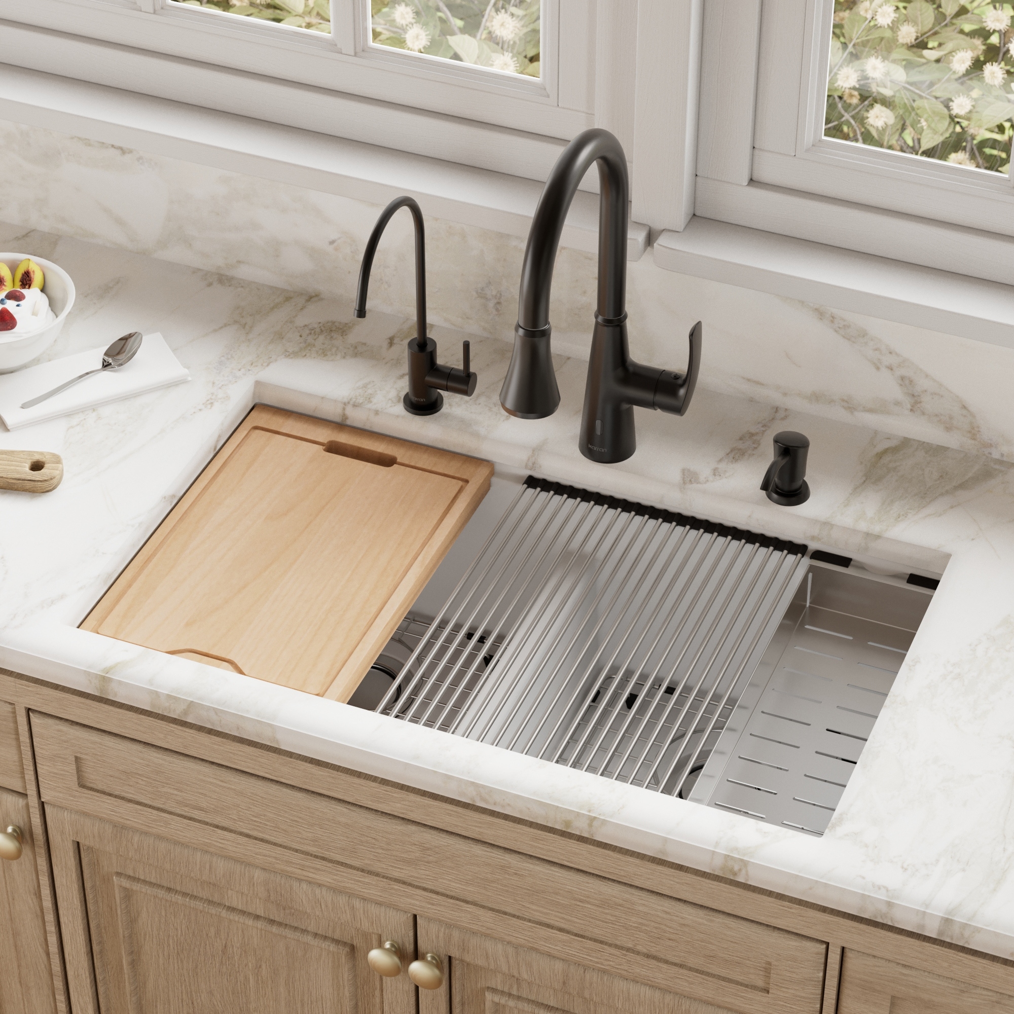 Karran QUWS-880 Undermount 32-1/2 in. Double Equal 50/50 Bowl Workstation Kitchen Sink