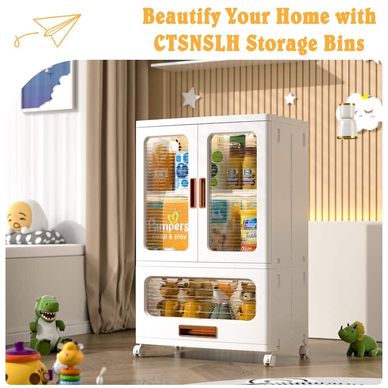 Javlergo 2-Door Plastic Storage Cabinet with Drawer & Wheels White Rolling Storage Organizer with Magnetic Doors for Living Room