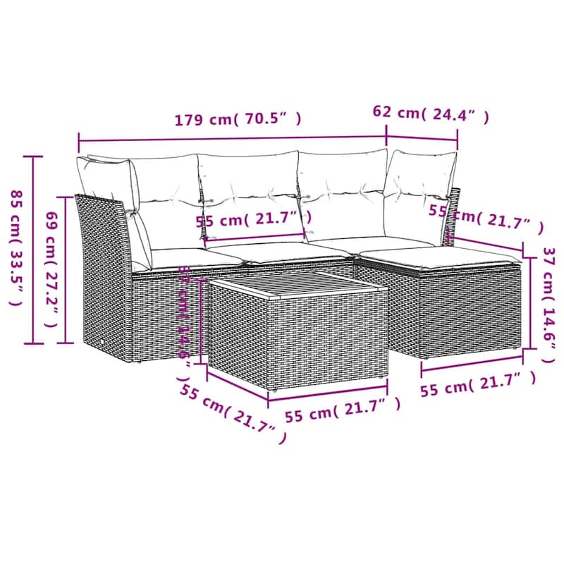 vidaXL Patio Sofa Set with Cushions Outdoor Furniture 5 Piece Poly Rattan - 24.4" x 24.4" x 27.2"