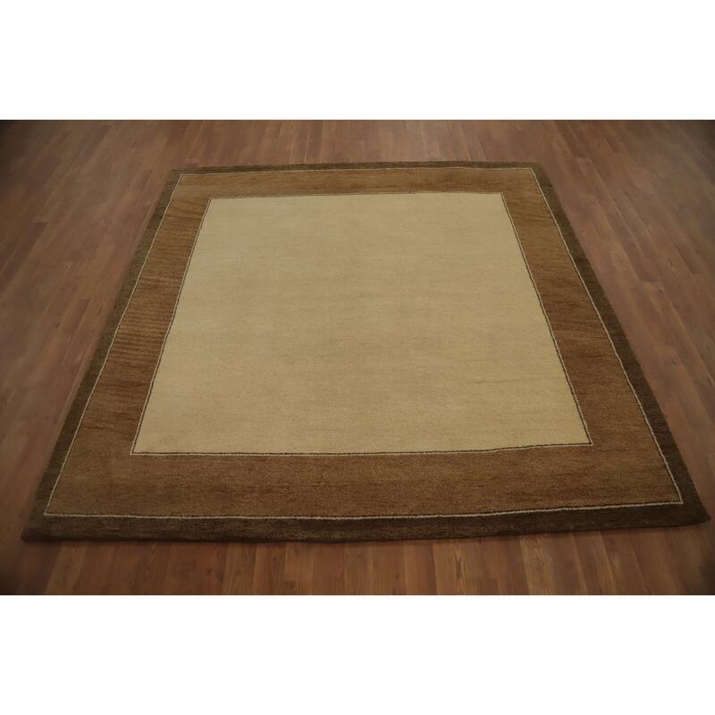 Hand Knotted Oriental 100% Wool Carpet Modern Bordered Beige & Ivories Gabbeh Area Rug - 6' 6'' X 6' 8''
