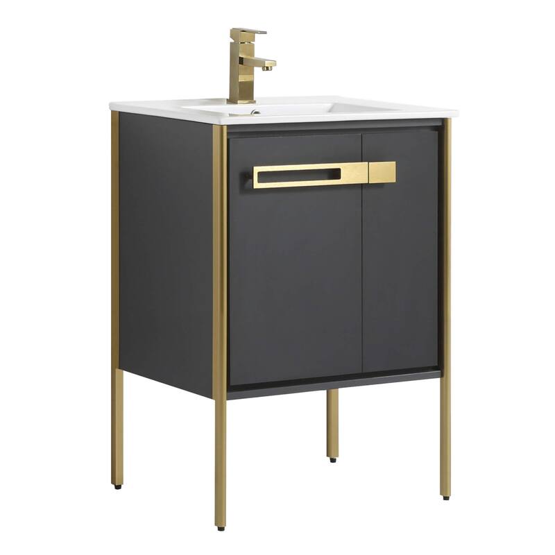 Fine Fixtures Oakville Bathroom Vanity with White Ceramic Sink - 24 Inch - Onix Grey - Satin Brass Hardware