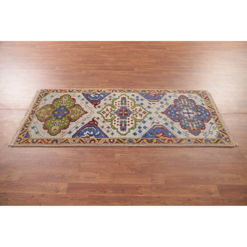 Geometric Kazak Accent Rug Handmade Oriental Blue Wool Carpet - 2'7"x 5'10"