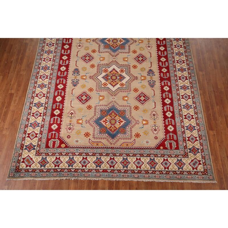 Hand Knotted Oriental 100% Wool Carpet Traditional Geometric Peach Kazak Area Rug - 10' 1'' X 8' 5''