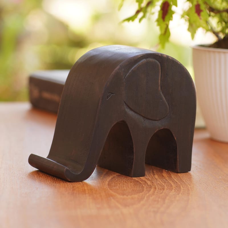 Novica Handmade An Elephant Never Forgets Wood Phone Holder