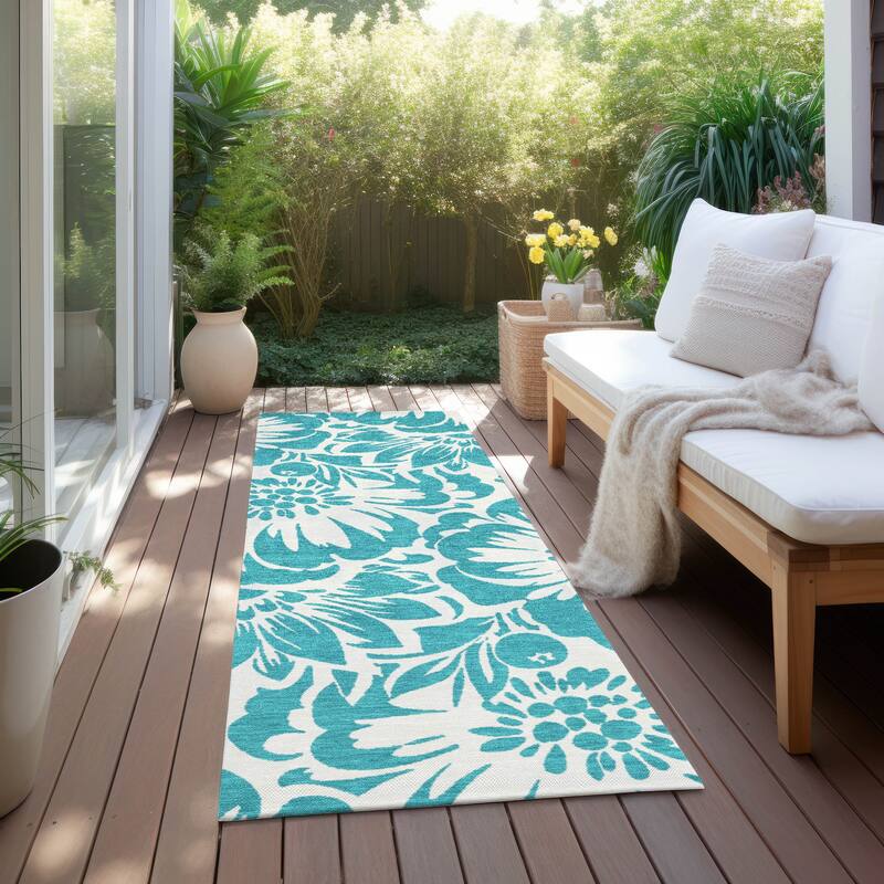 Machine Washable Indoor/ Outdoor Whimsy Floral Chantille Rug - Teal - 2'3" x 7'6"