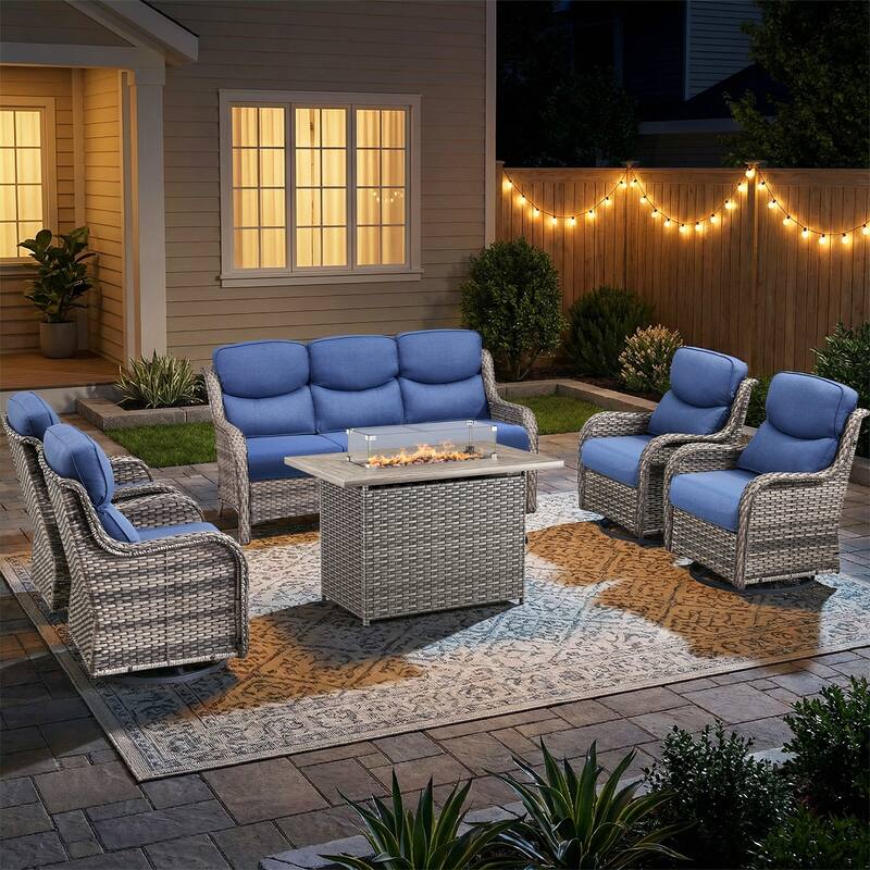 Pocassy Outdoor Fire Pit Sofa Swivel Chairs Ottoman Furniture Set - Gray Wicker Blue Cushion - 6-Piece Sofa Swivel Chair w/ Fie Pit Table