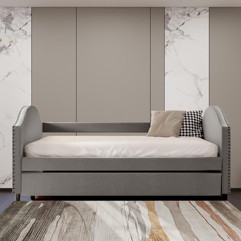 Daybed with Trundle, Full Size Upholstered Daybed with Twin Size Trundle - Gray