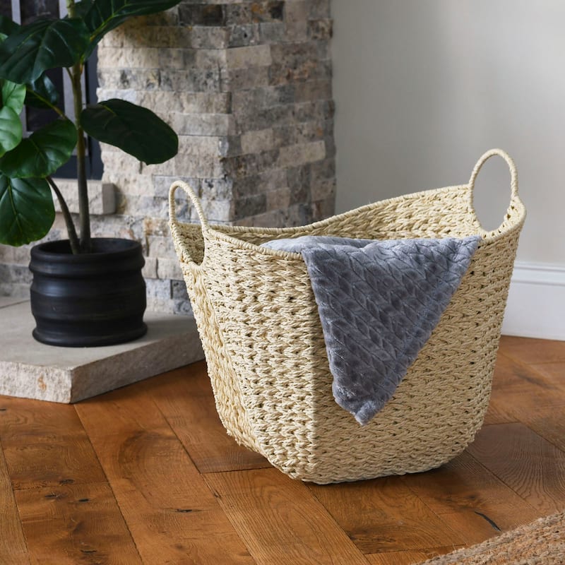 Household Essentials Woven Paper Rope Storage Basket with Handles - Tan