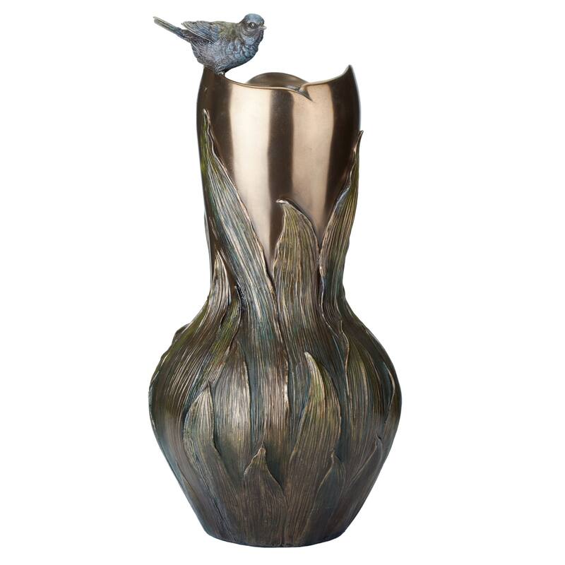Charis 13.58" height Pleione & Blue Tit Vase bronze Poly Resin