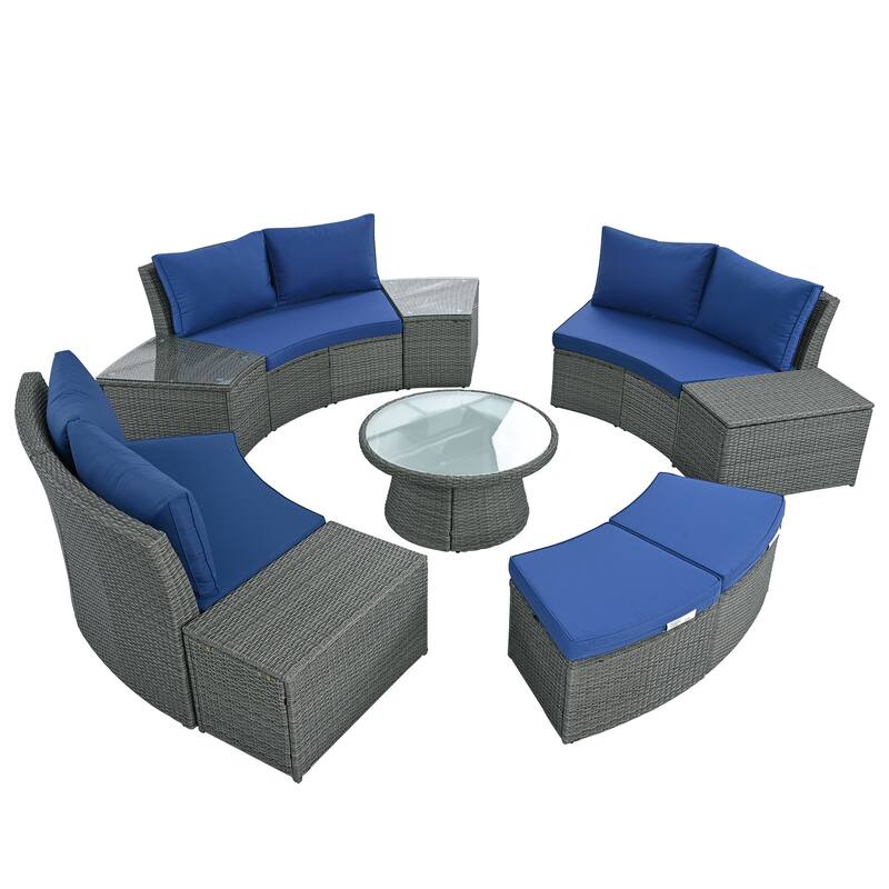 Roomfitters 10-Piece Outdoor Half Round Patio Rattan Sofa Set, PE Wicker Furniture Set for Free Combination