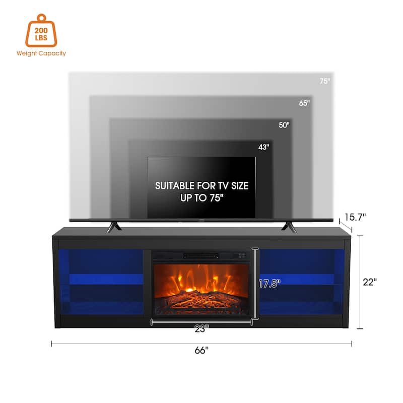 66" Modern Black Electric Fireplace TV Stands Console for 75-inch TV with Remote - 66 in console width