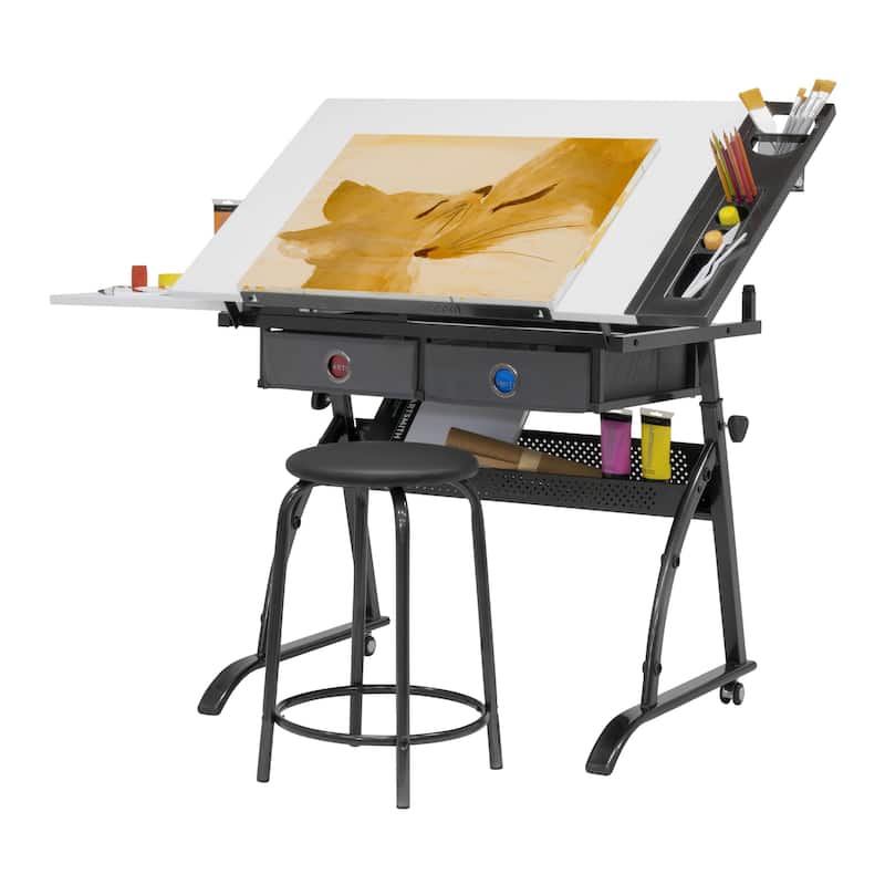 Core Craft Center, 2 piece Drawing, Drafting and Craft Table with Stool, Gunmetal-Gray/White