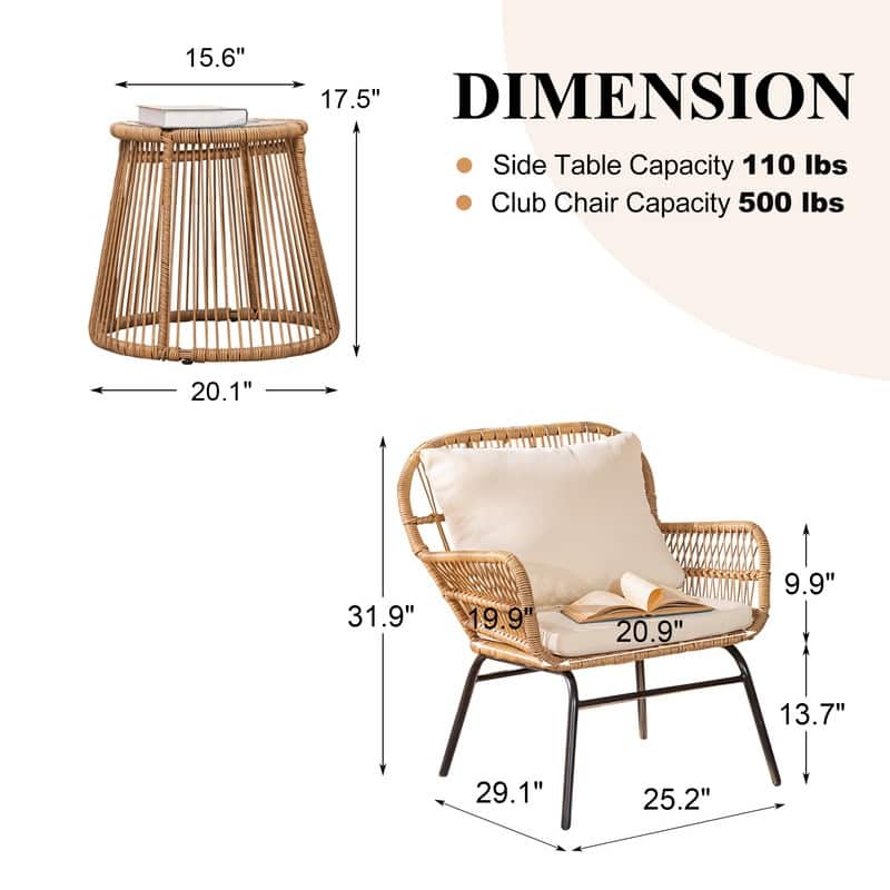 3-Piece Boho Outdoor Patio Furniture Set, Wicker Conversation Bistro Set with 2 Rattan Chairs and Coffee Table