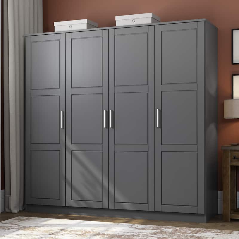100% Solid Wood Cosmo 4-Door Wardrobe with Solid Wood or Mirrored Doors - Gray