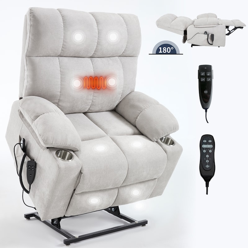 Dual Motor Chenille Power Lift Recliner w/Massage and Lumbar Heating & Dual Cup Holders