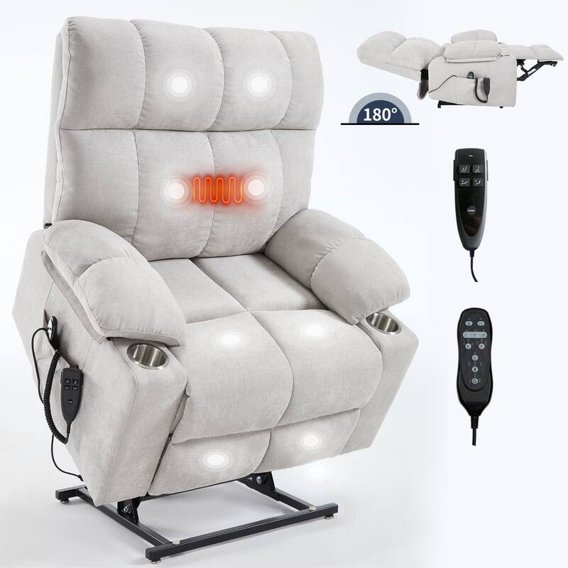 Power Lift Recliner Chair with Massage & Heat – 350 lbs Capacity, Dual Motor, 8-Point Vibration, Lumbar Heating, Cup Holders
