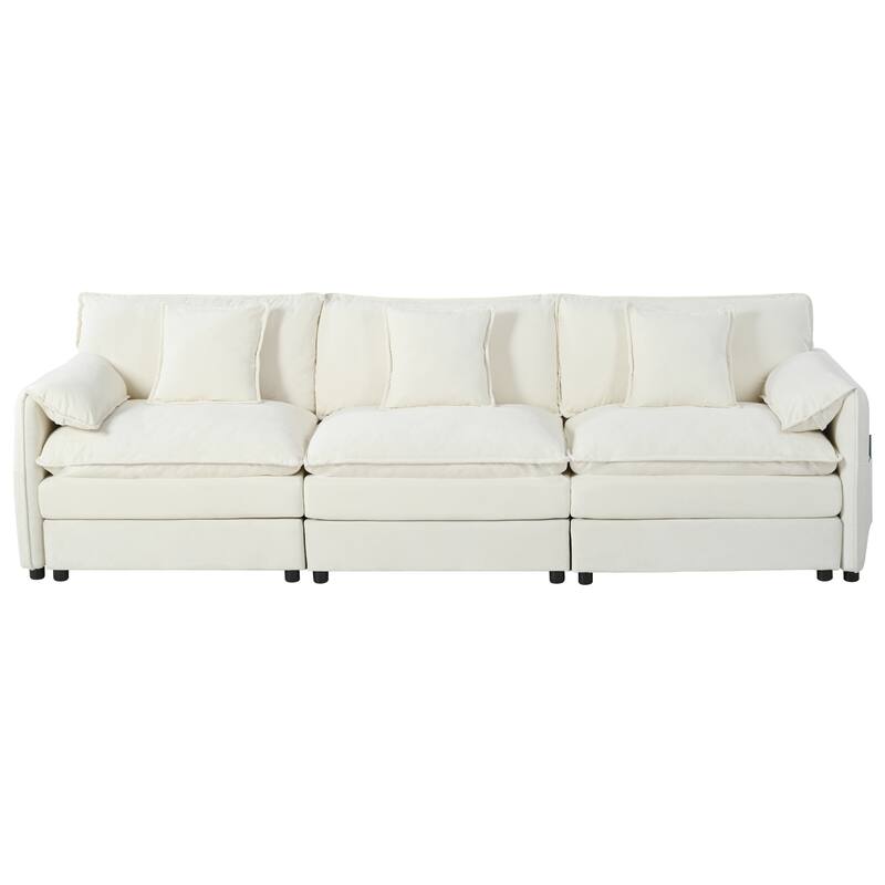 Modular Sleeper Sofa Bed Chenille 3 Seater Sectional Couch with 3 Ottomans, Thickened Seat Cushions and Side Pockets