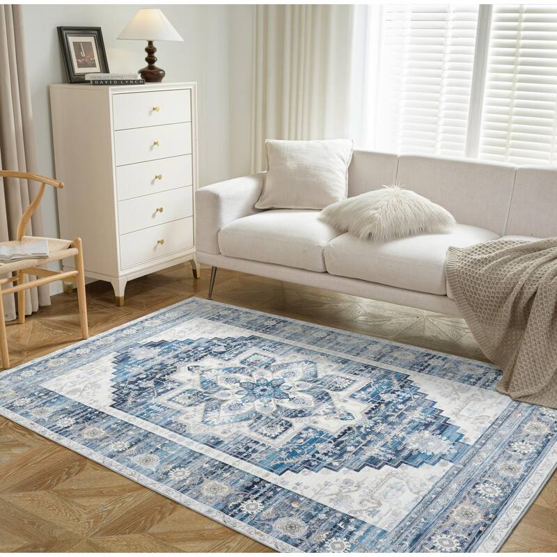 DriftAway Area Rug Washable Rugs for Living Room Non Slip Rubber Backing Low Pile Non Shedding Boho Foldable Vintage Rugs