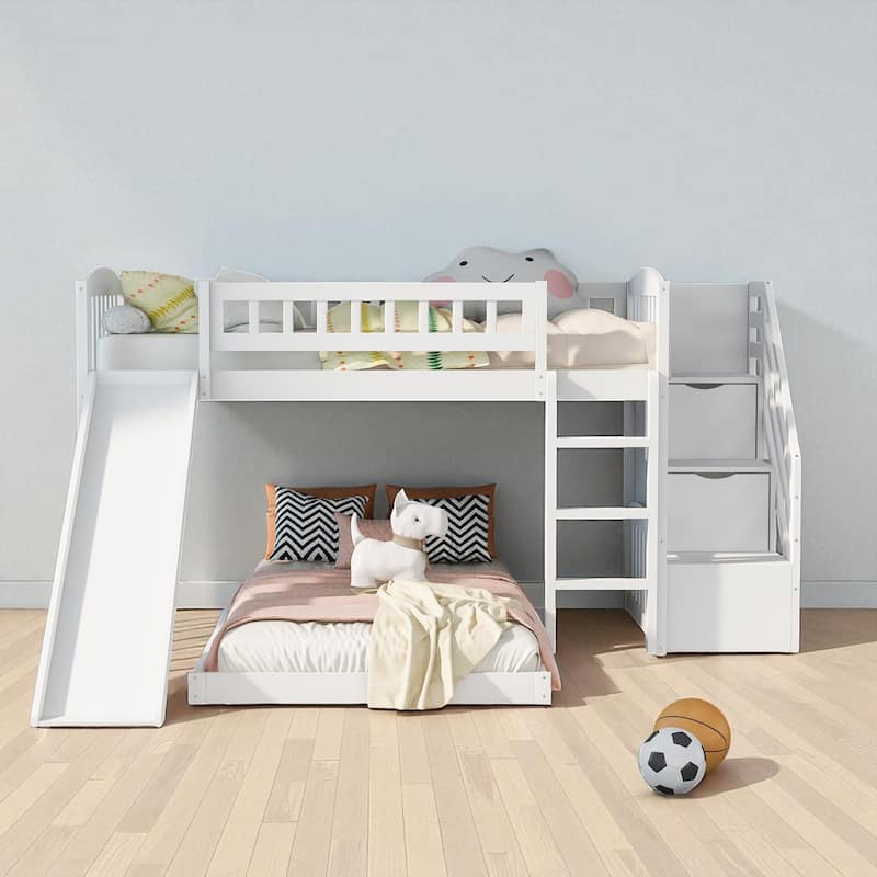 Stairway Twin over Twin Bunk Bed with Slide and 2 Drawers, Reversible Ladder and Guardrails - White - Twin