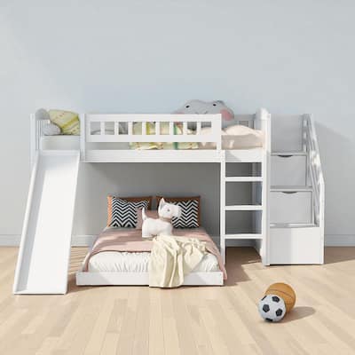 Stairway Twin over Twin Bunk Bed with Slide and 2 Drawers, Reversible Ladder and Guardrails