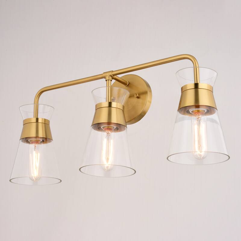 VAXCEL Harper Natural Brass Gold Mid-Century Modern Bathroom Vanity Lighting Fixture, Clear Glass Shade, Wall Sconce