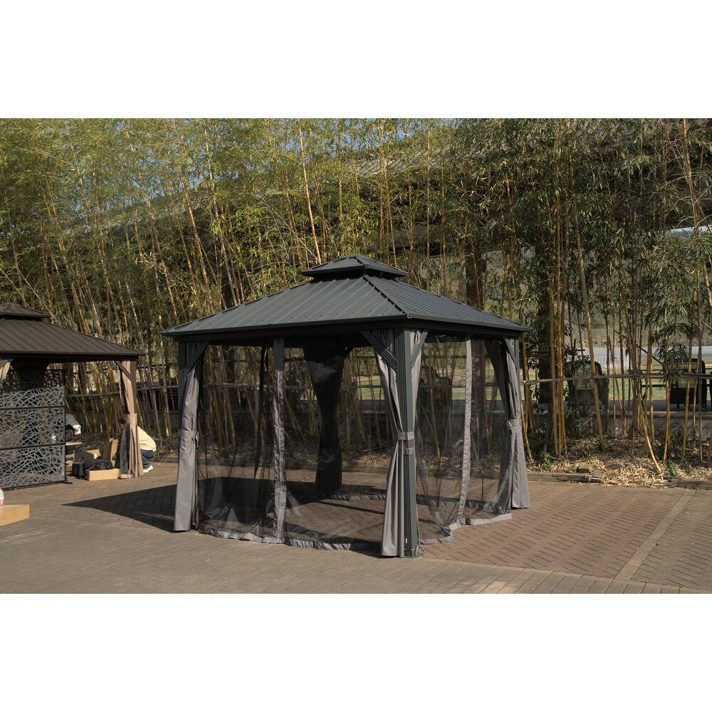 GDFStudio - Terry 8' x 8' Gray Aluminum Hardtop Gazebo with Galvanized Steel Double Roof