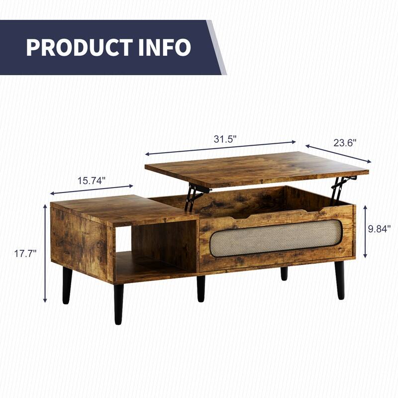 Mixoy 47" Lift Top Coffee Table with Storage and Hidden Compartment,Modern Wooden Center Table with Rattan Weaving Decoration