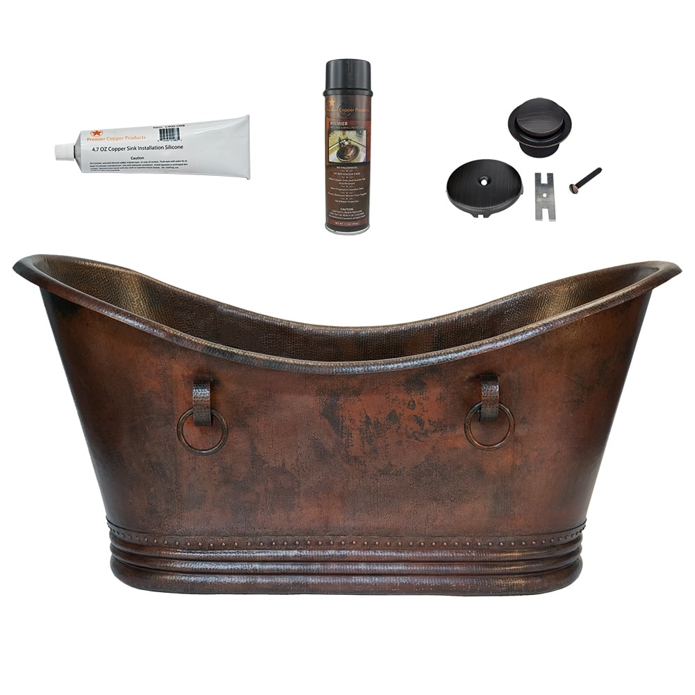 72" Hammered Copper Double Slipper Bathtub With Rings and Drain Package
