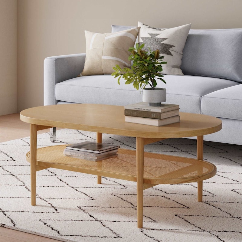 Nathan James Sonia Bohemian 2-Tier Oval Cane Coffee Table in Light Wood With Rattan Storage Shelf - Warm Pine