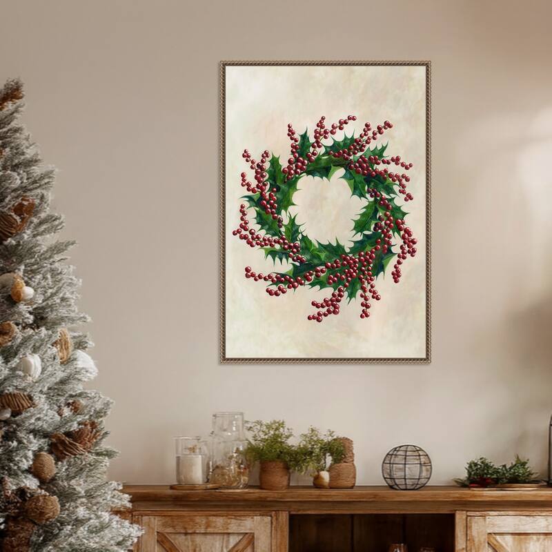 Holly wreath by Rosana Laiz Blursbyai (23 x 33 in.), Framed Canvas Wall Art Print - Sylvie Beaded Dark Gold