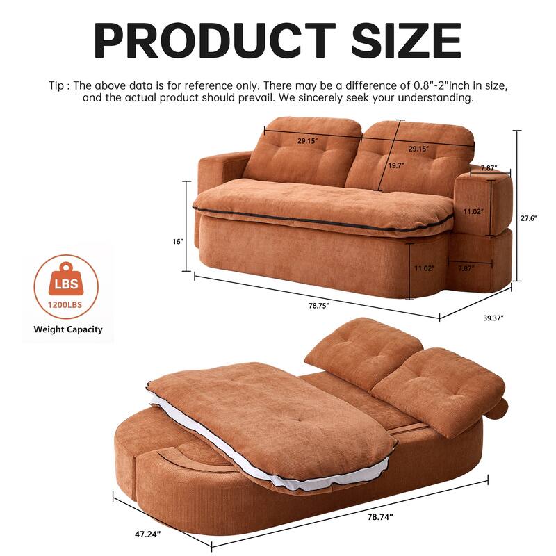 Modern Convertible Floor Sofa Bed with Pillows, Corduroy Foldable Sleeper Sofa Mattress with Built-In Quilt, No Assembly