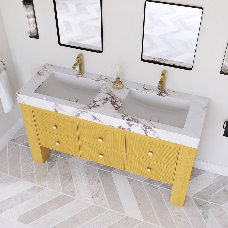 60" Freestanding Bathroom Vanity with 2 Ceramic Sinks - 59.84'' x 19.69'' x 33.46''