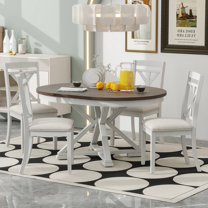5-Piece Retro Dining Set – Extendable Round Table & 4 Upholstered Chairs for Dining/Living Spaces‌