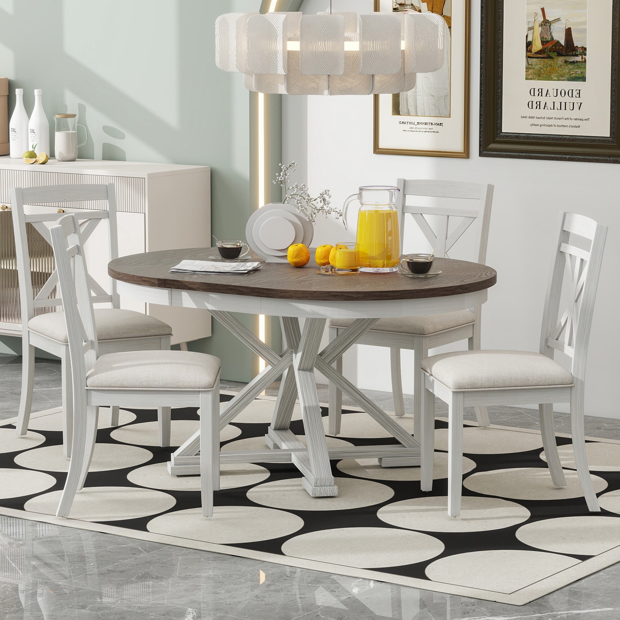 Wood Kitchen 5 Piece Dining Table and Chairs Set 12 Leaf Extendable Round Table and 4 Upholstered Chairs for Small Space Brown