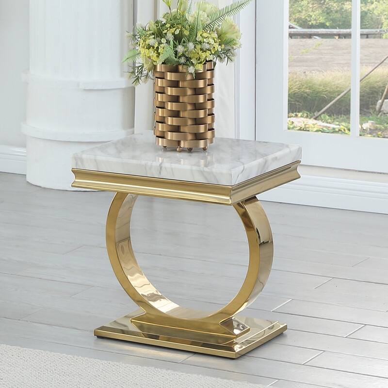 Best Master Furniture Erasmus White/Gold Marble Single Ring Pedestal End Table