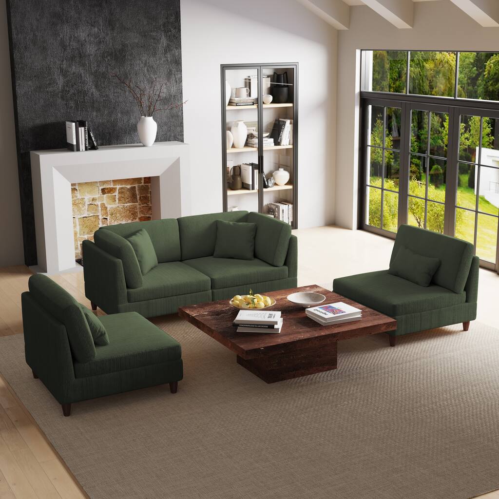 4-Piece Modern Corduroy Modular Sectional Sofa with pillows For Living Room