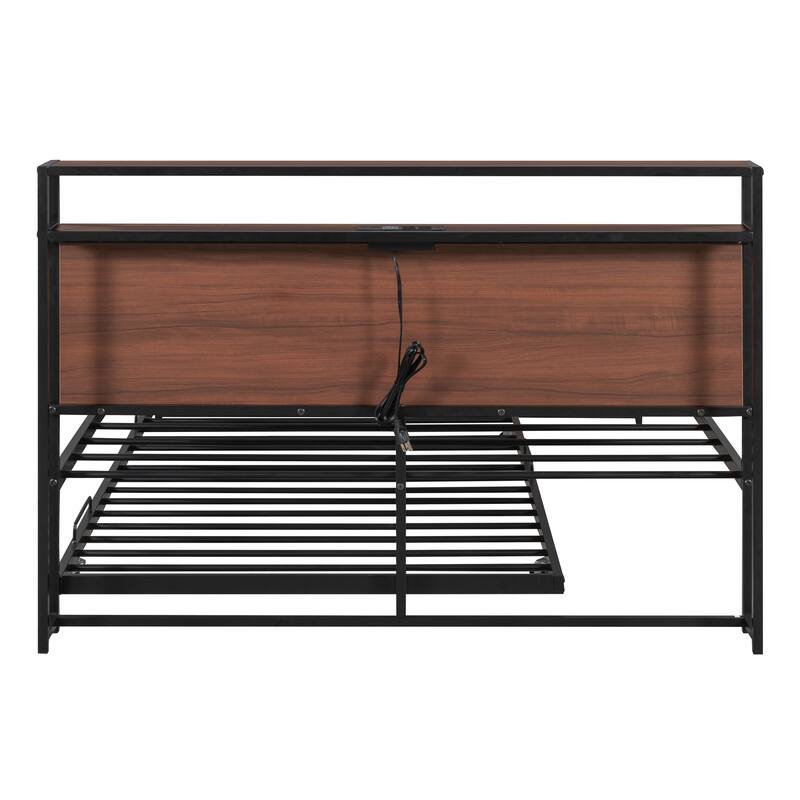 Full/Queen Platform Bed Frame with Trundle, USB Ports and Steel Slat Support, Metal and Wooden Bed Frame with Storage Headboard