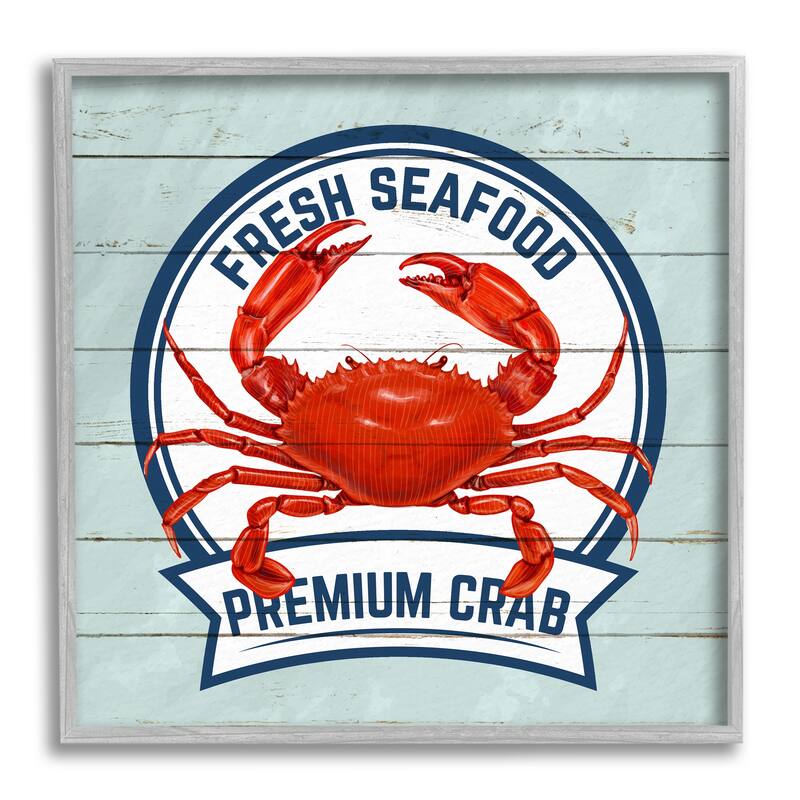 Stupell Fresh Seafood Crab Sign Quote Rustic Nautical Boathouse Framed Wall Art - Red - 12 x 12 - Grey
