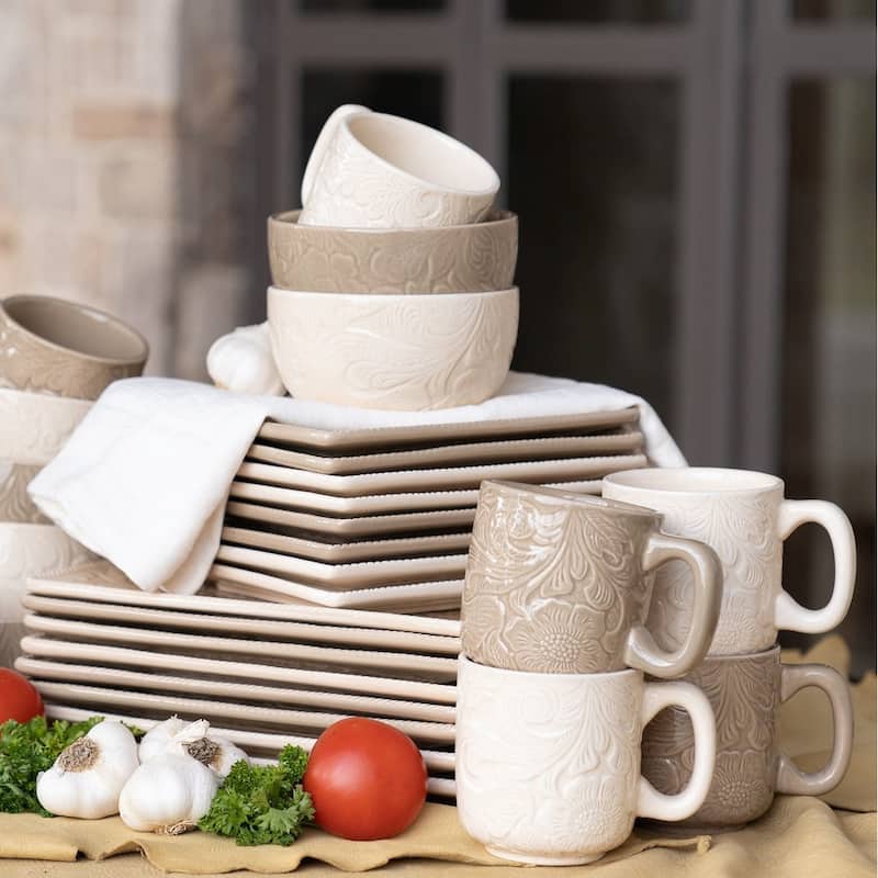HiEnd Accents Savannah Ceramic Floral Damask Dinnerware Set, 16PC