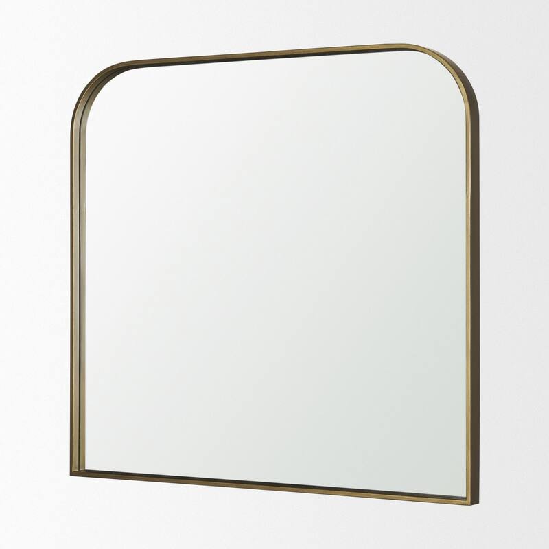 Timon is a square mirror with an arched brushed gold metal frame. - 36.0L x 1.8W x 34.3H