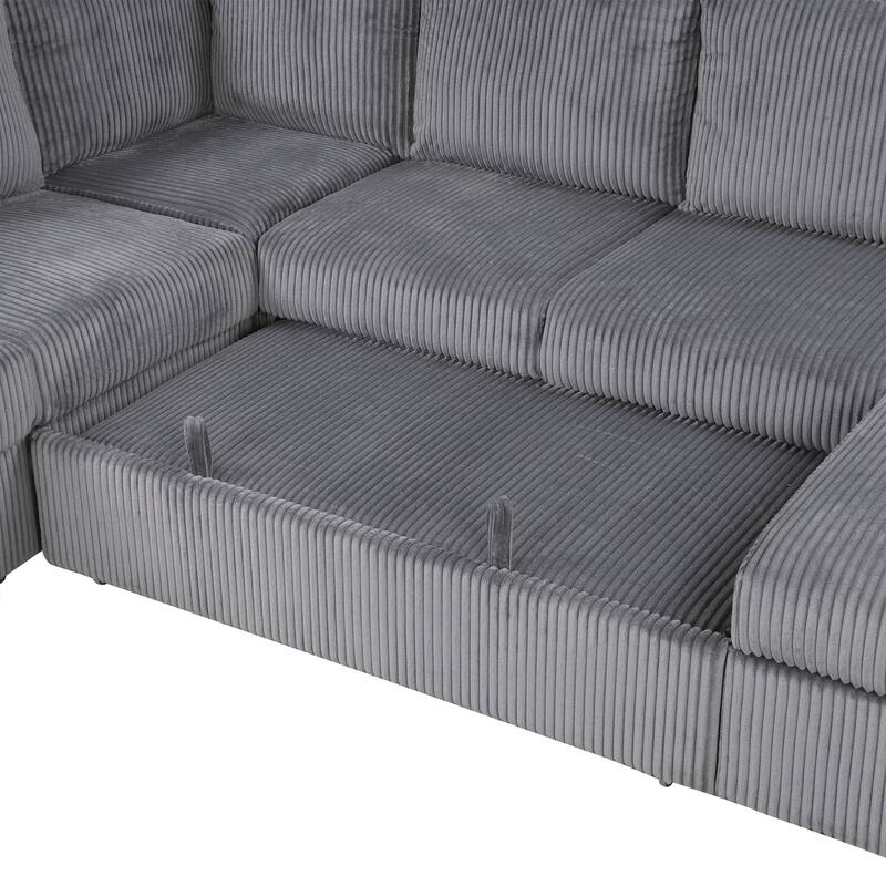 Merax U-shaped Corduroy Combination Corner Sofa with Storage Lounge Chair and USB Interfaces