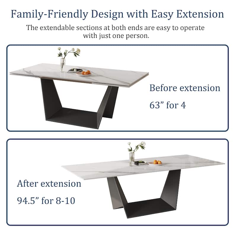 63"-95" Modern Extendable Dining Table For 6-10,White Glossy Sintered Stone Tabletop - 95