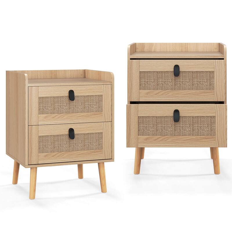 Costway Modern Nightstand End Bedside Table with 2 Rattan Drawers & - See Details